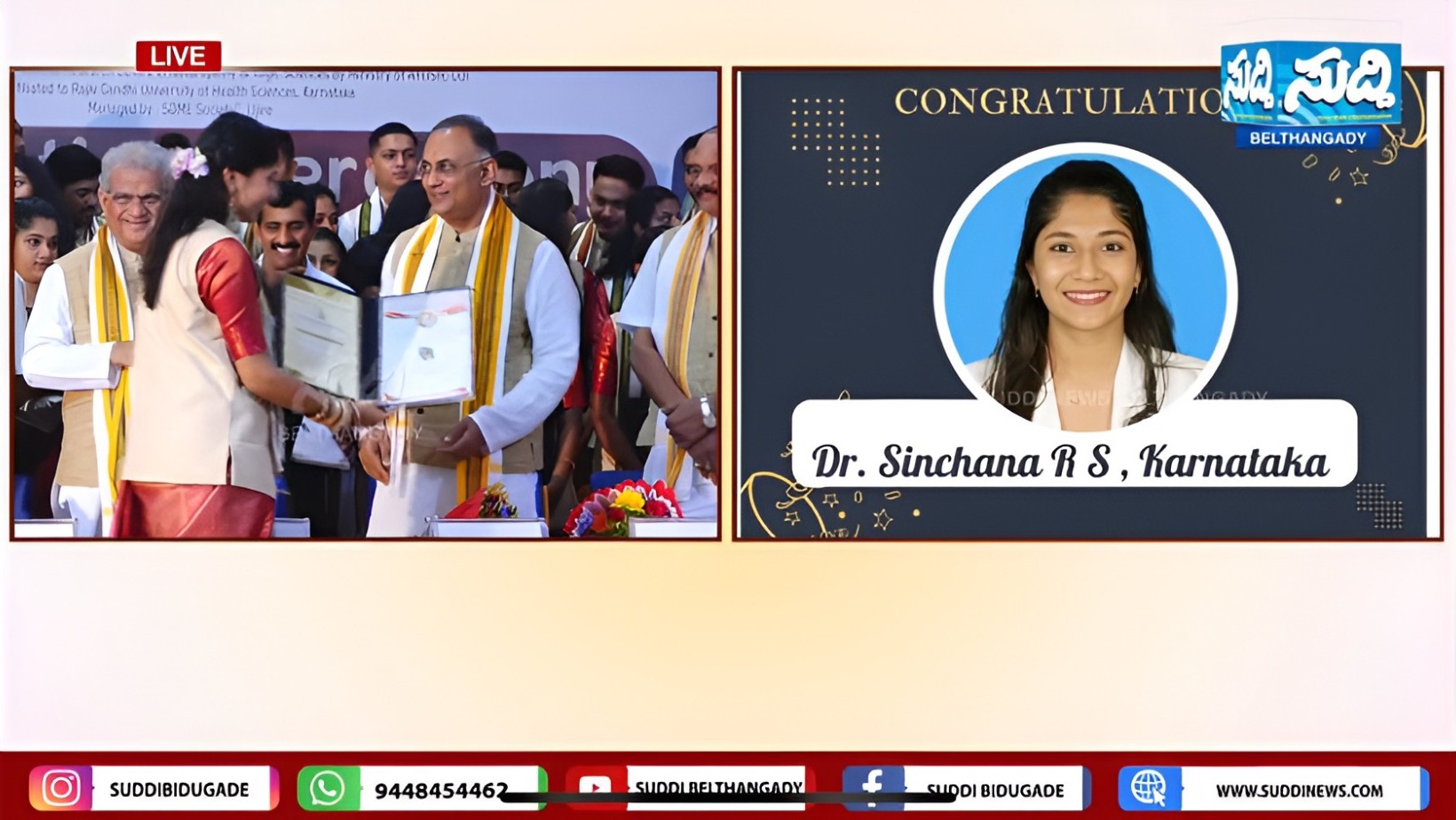 Dr. Sinchana R S receiving her degree on a live Karnataka news broadcast